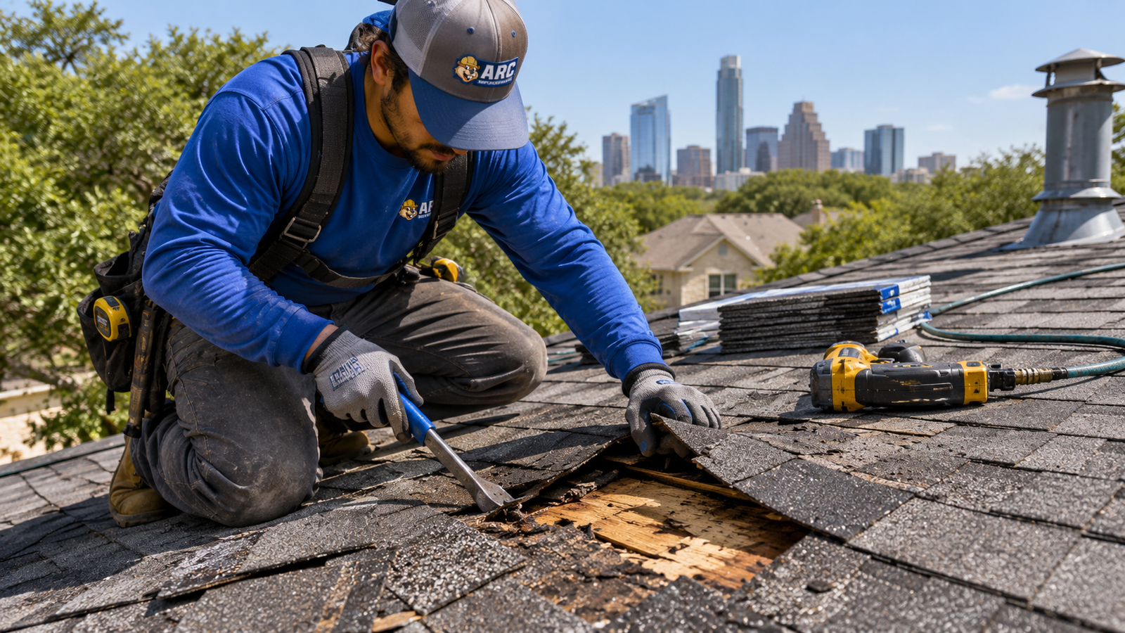Austin Roofing Company roofer performing roof repair in Austin, Texas