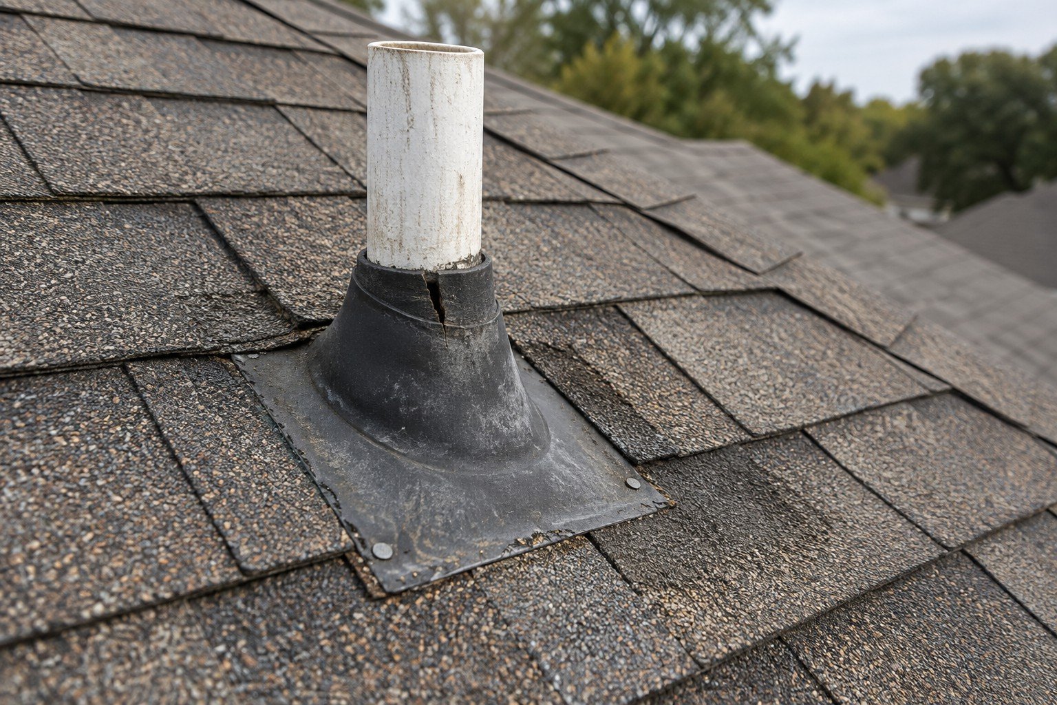 Split rubber collar at a plumbing vent pipe on an asphalt-shingle roof.