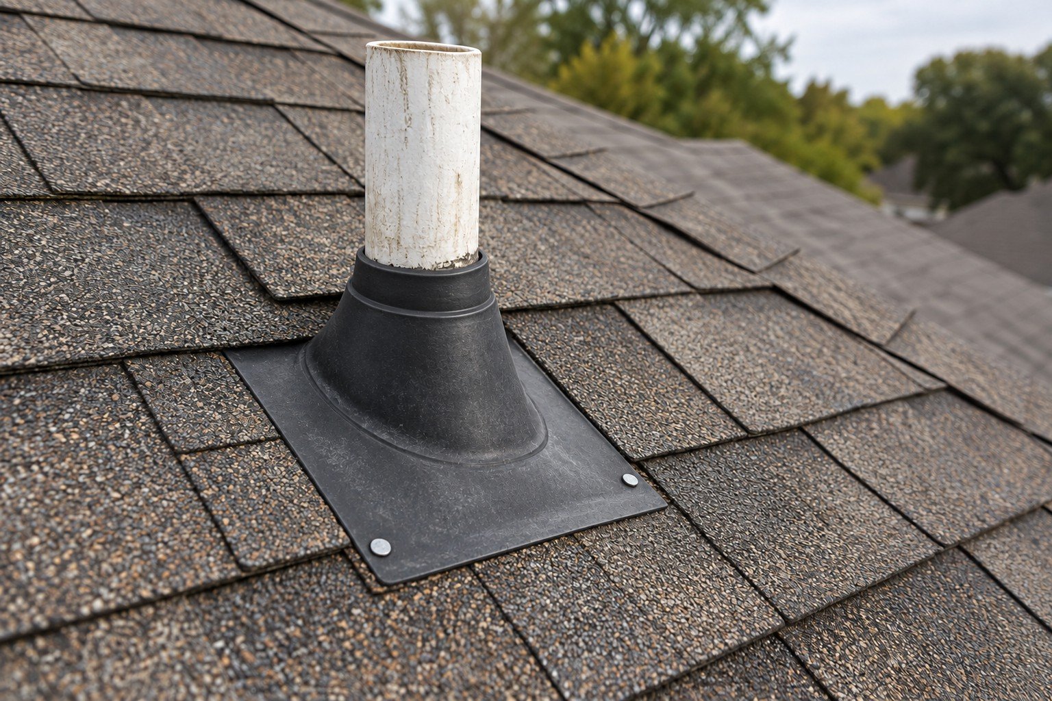 Illustrative replacement pipe-boot assembly at the same roof location.